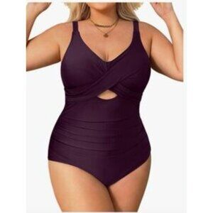 Daci Womens Plus Size 20W One Piece Swimsuit Monokini Burgundy Cut Out Beach